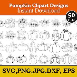 May include: A collection of black and white pumpkin clipart designs, including pumpkins with floral arrangements and stacked pumpkins. The image features the text "Pumpkin Clipart Designs Instant Download". It also includes "50 FILES" and "SVG, PNG, JPG, DXF, EPS".
