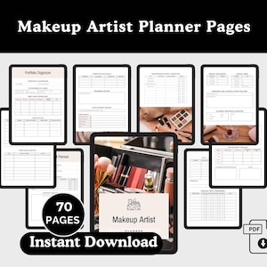 May include: A digital makeup artist planner with 70 pages, available for instant download. The planner includes pages for portfolio organisation, goal setting, and tracking appointments. The image shows various pages with text and a makeup kit.