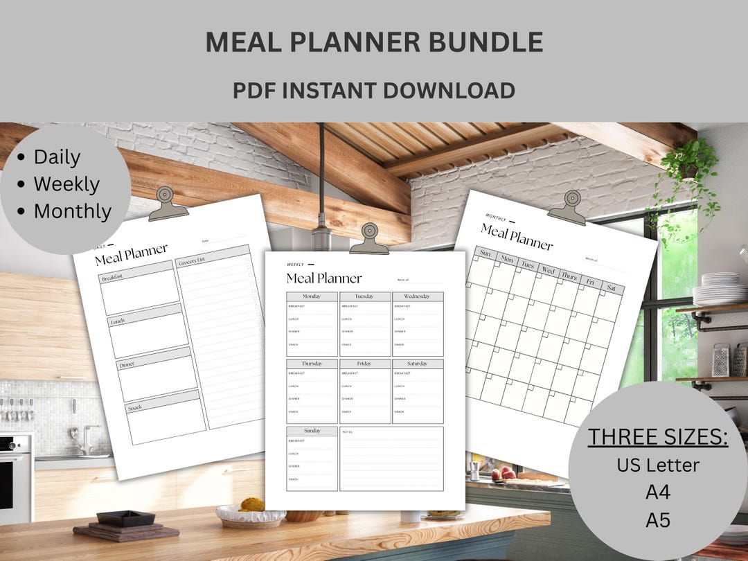 Meal Planner Bundle, Printable Daily Weekly and Monthly Meal Planners ...