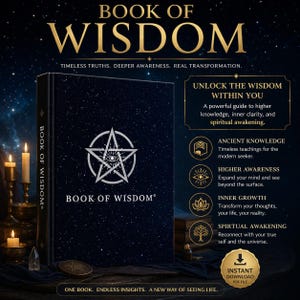 Puede incluir: Un libro titulado "Book of Wisdom" con una cubierta azul oscuro con un diseño de pentagrama plateado. El lomo del libro también muestra el título. La imagen incluye texto sobre cómo desbloquear la sabiduría, el conocimiento antiguo, la mayor conciencia, el crecimiento interior y el despertar espiritual.