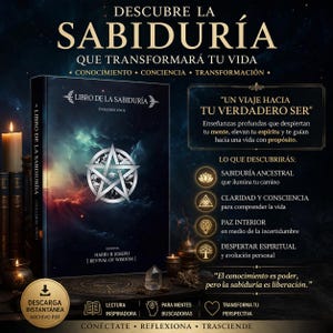 May include: A book cover with the title "LIBRO DE LA SABIDURÍA" and a pentagram design. The cover is dark with a nebula background. Text includes "Descubre la Sabiduría" and "Un viaje hacia tu verdadero ser". The image promotes knowledge and transformation.