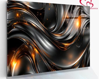 Abstract Tempered Glass Wall Art, Black Silver Gold Metallic Design