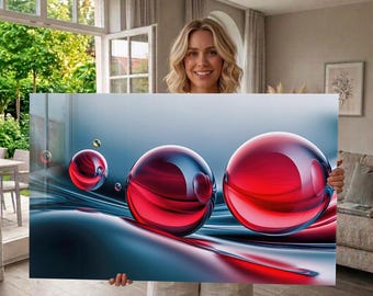 Decoración de pared de vidrio templado con esfera roja abstracta, surrealista y moderna, y arte de pared de vidrio azul de lujo extragrande.