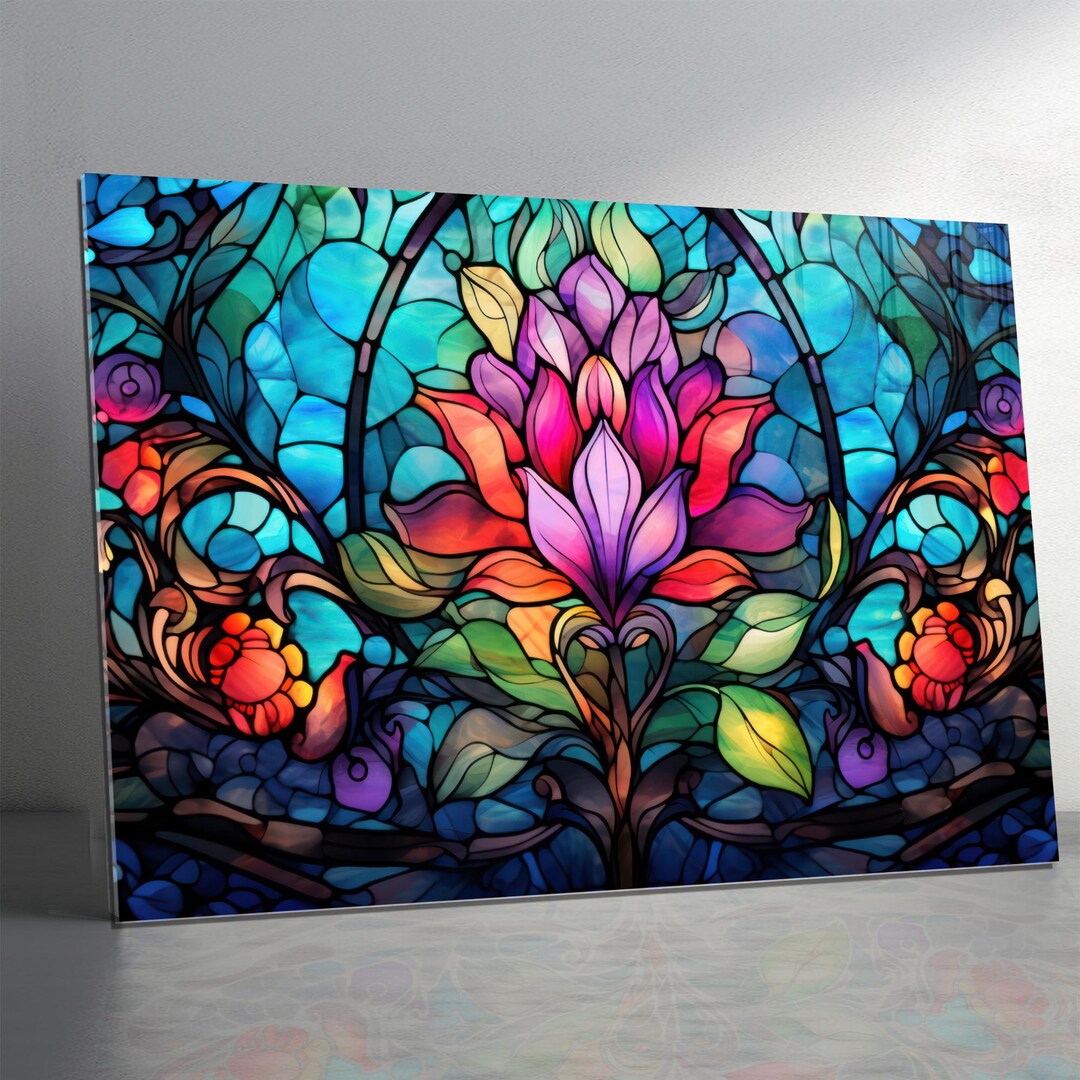 Tempered Glass Wall Art - Lotus Flower Stained Glass Style - Vibrant ...