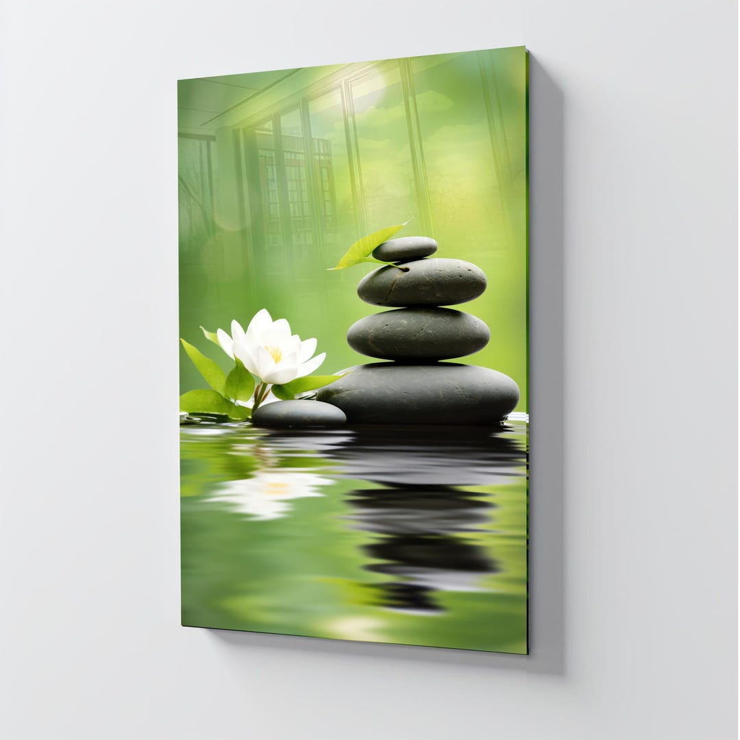 Tempered Glass Wall Art :green Zen Stones and Lotus -spa Wall Decor ...