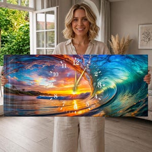 May include: A rectangular wall clock featuring a vibrant ocean wave at sunset. The clock face displays white Arabic numerals from 1 to 12 arranged in a circle over the colorful seascape, with gold-colored hour and minute hands at the center.