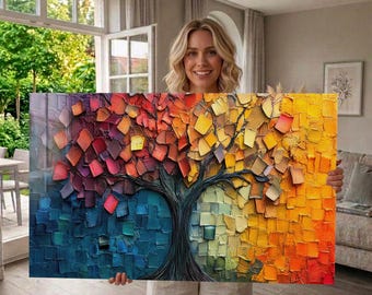 Cuadro de vidrio templado para pared, cuadro abstracto de árbol colorido para pared, decoración de árbol otoñal con textura, obra de arte de la naturaleza en azul y dorado, cuadro extragrande para pared