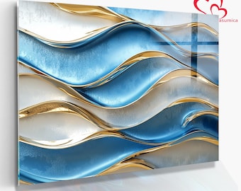 Abstract Blue Gold Tempered Glass Wall Art, Modern Waves