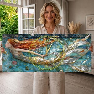 Tempered Glass Wall Clock Mermaid Art, Extra Large Stained Glass Effect Wall Decor