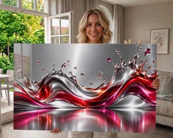Cuadro de pared de vidrio templado: Salpicadura abstracta de cromo rojo plateado, diseño metálico moderno, cuadro de pared extragrande, panel de pared teñido