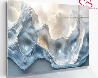 Abstract Tempered Glass Wall Art, Blue White Waves, Modern Triptych