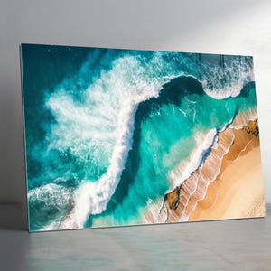 Décoration murale de plage en verre trempé, très grande vague océanique paysage marin