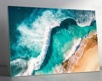 Arte mural playero de vidrio templado, paisaje marino de olas oceánicas extragrandes