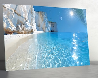 Arte de pared de vidrio templado con diseño de playa y océano, decoración costera de mar turquesa, arte de pared panorámico extragrande con paisaje costero, panel de pared teñido.