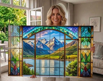 Arte mural de vidrio templado, decoración de vidrieras, vista al lago y a la montaña, arte mural de paisaje panorámico de lujo