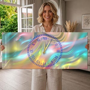 Tempered Glass Wall Clock Holographic Rainbow Wall Decor, Iridescent Abstract Glass Clock, Shiny Decorative Wall Clock