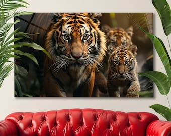 Arte de pared de vidrio templado con tigre salvaje, decoración de pared de animales de lujo extragrande, obra de arte moderna y poderosa de tigre para sala de estar.