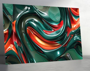 Cuadro de pared de vidrio templado – Diseño abstracto de ondas verdes y naranjas, arte de pared con olas extragrandes, decoración moderna para el hogar, panel de pared teñido