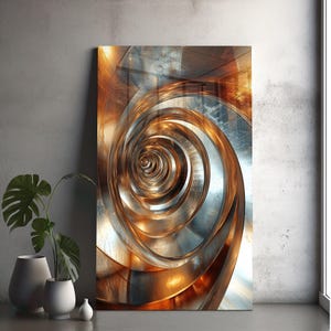 May include: A rectangular wall art piece featuring a metallic spiral tunnel design with reflective surfaces in shades of gold, bronze, and silver, creating a deep vortex effect that draws the eye toward a central point of light and shadow.