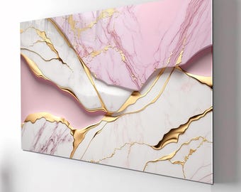 Pink Gold Marble Tempered Glass Wall Art, Abstract Luxury Decor