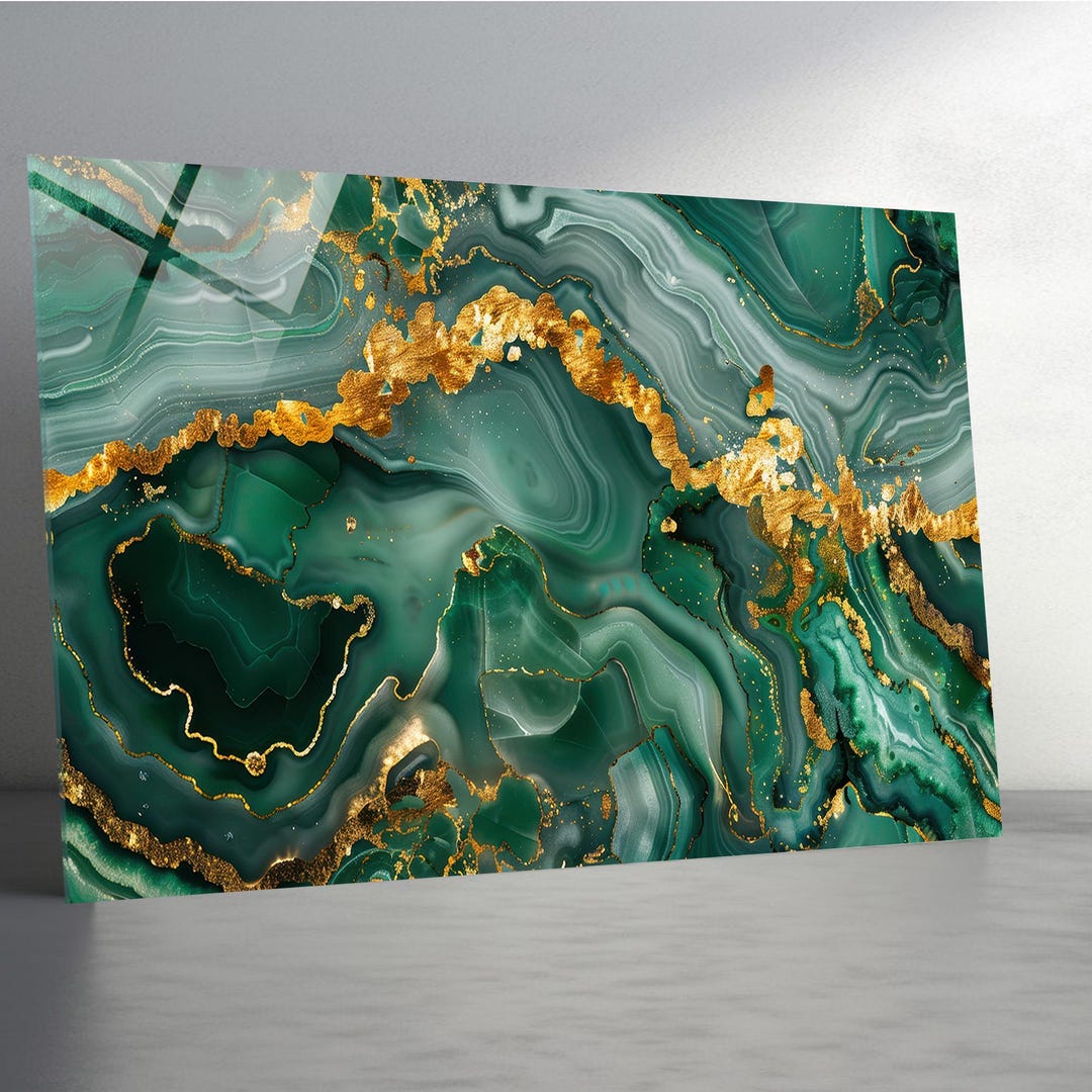 Tempered Glass Wall Art Emerald Green Gold Marble Abstract Design ...
