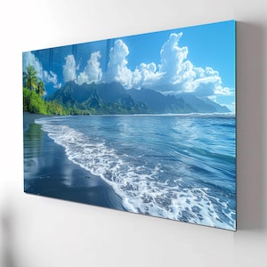 Tempered Glass Wall Art – Tropical Beach and Ocean Waves, Coastal Nature Glass Artwork, Relaxing Seaside Wall Decor for Living Room Bedroom