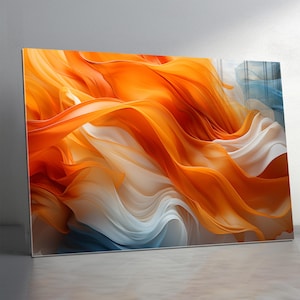 Orange Tempered glass wall art Abstract Wave, Extra Large Glass Wall Art, Colorful Glass Backsplash, Panoramic Wall Art- Wall Hangings