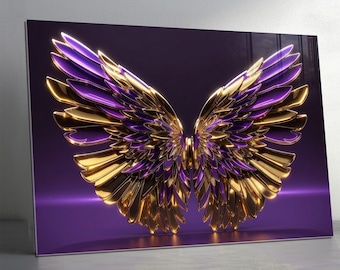 Golden Wings Tempered Glass Wall Art : Purple Gold Abstract Angel Wing Decor