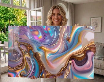 Arte mural de vidrio templado, arte de metal líquido iridiscente, ondas cromadas holográficas, decoración abstracta moderna, arte mural de lujo, arte mural extragrande