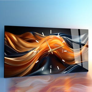 Tempered Glass Wall Clock Orange Black Abstract Waves Art, Extra Large Flow Wall Decor