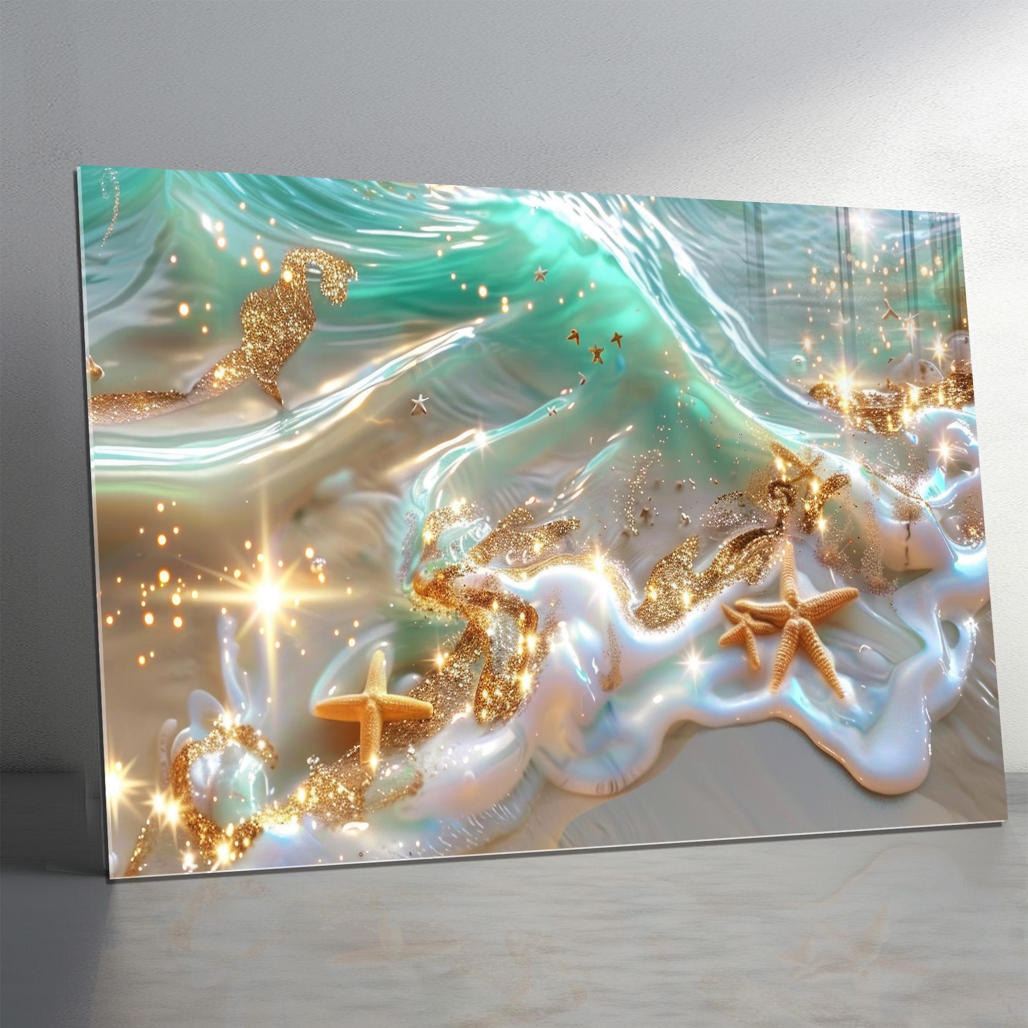 Tempered Glass Wall Art Coastal Ocean Wave – Golden Starfish Accents ...