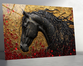 Arte mural de vidrio templado: Caballo negro dorado abstracto, diseño animal de lujo, arte mural de vidrio extragrande para sala de estar.