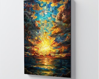 Tempered Glass Wall Art Mosaic Sunset Over Ocean, Stained Glass Style, Coastal Sea Wall Decor, Extra Large Wall Art ,Vertical Seascape Decor
