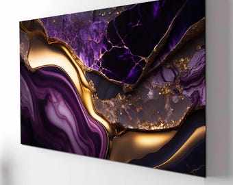 Tempered Glass Wall Art, Purple Gold Marble Abstract, Luxury Home Decor