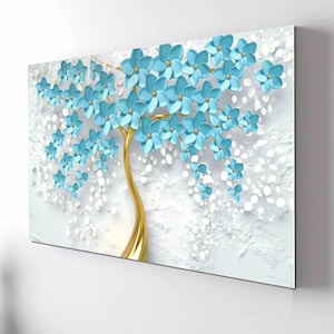 Blue Flowers Tree Tempered Glass Wall Art Animals-Extra Large Glass Wall Art-White Glass Backsplash-Panoramic Wall Art-Stained Glass panel