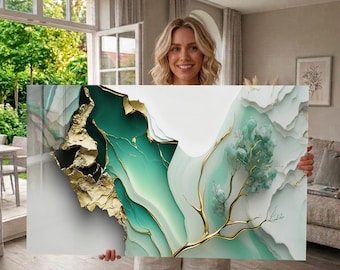 Cuadro de pared de vidrio templado con diseño abstracto de mármol verde y dorado - Impresión dimensional de piedras preciosas de lujo. ENVÍO GRATIS.