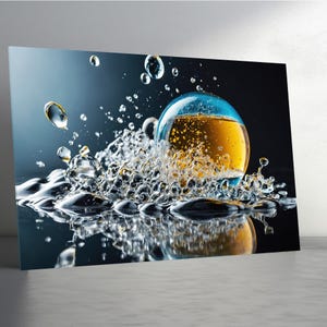 Può includere: Immagine vibrante di una sfera di vetro riempita di liquido dorato, circondata da goccioline d'acqua e bolle. La sfera ha una parte superiore blu e si trova in mezzo a uno spruzzo d'acqua, creando un effetto visivo dinamico.