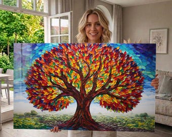 Arte de pared de vidrio templado Árbol de la Vida teñido - Arte de pared de vidrio extra grande Árbol de puesta de sol colorido, Mandala espiritual, Decoración de pared panorámica de mosaico
