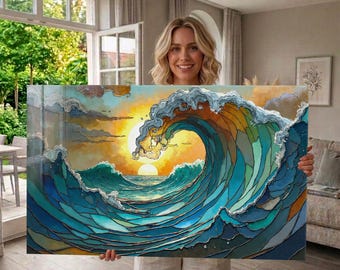 Tempered Glass Wall Art Stained Glass Ocean Wave Sunset  - Coastal Decor,Extra Large Wall Art,Panoramic Wall Decor
