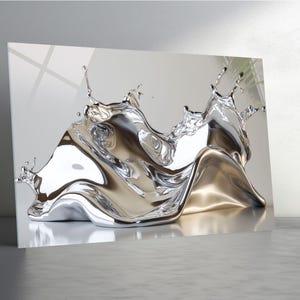 Väggkonst i härdat glas: Abstrakt silverkrom, modern metallisk design, extra stor väggkonst, färgad väggpanel