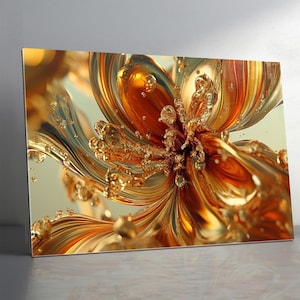 May include: A canvas print displaying an abstract floral design in shades of gold and bronze. The artwork has a fluid, detailed appearance, with amber highlights. The image is set against a soft, neutral background, creating a sense of depth and movement.