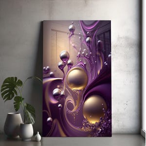Cuadro de vidrio templado para pared, burbujas abstractas en oro púrpura, diseño de mármol líquido, decoración de pared moderna de lujo, arte extragrande para sala de estar u oficina.
