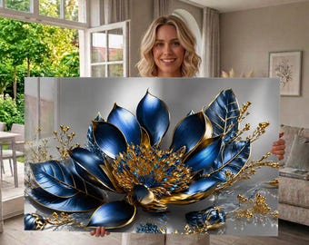 Cuadro de pared de vidrio templado con flor abstracta azul y dorada, loto de lujo extragrande para pared, decoración de pared moderna y elegante.