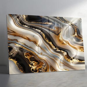 Art mural de luxe en verre trempé, marbre doré, abstrait, très grand art mural en verre, dosseret en verre coloré, art mural panoramique-vitrail