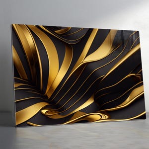 Black Gold Tempered glass wall art Abstract, Extra Large Glass Wall Art, Gold Glass Backsplash, Panoramic Wall Art-Stained Glass Panel