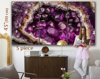 Arte de parede em vidro temperado, cristal geodo de ametista, decoração abstrata de luxo extra grande, obra de arte em vidro com pedra preciosa roxa para sala de estar.