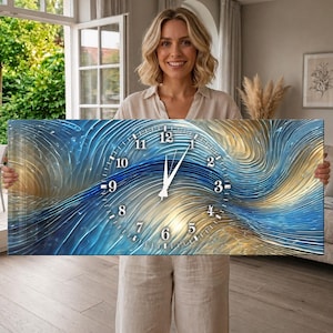Tempered Glass Wall Clock Gold Blue Wave, Extra Large Fluid Wall Decor