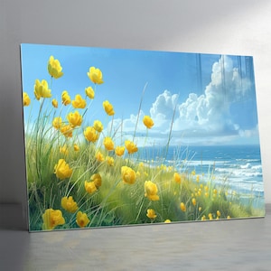 Yellow Wildflower Beach Tempered Glass Wall Art-Landscape Extra Large Glass Wall Art-Glass Backsplash-Panoramic Wall Art-Stained Glass panel