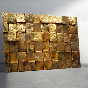 Tempered Glass Wall Art Gold 3D Block Pattern  –Metallic Square Texture, Extra Large Wall Art, Panaromic Wall Decor, Tryptic Wall Art