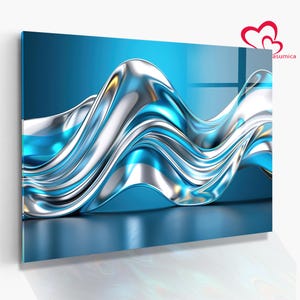 Art mural en verre trempé argenté vague bleue, art abstrait moderne